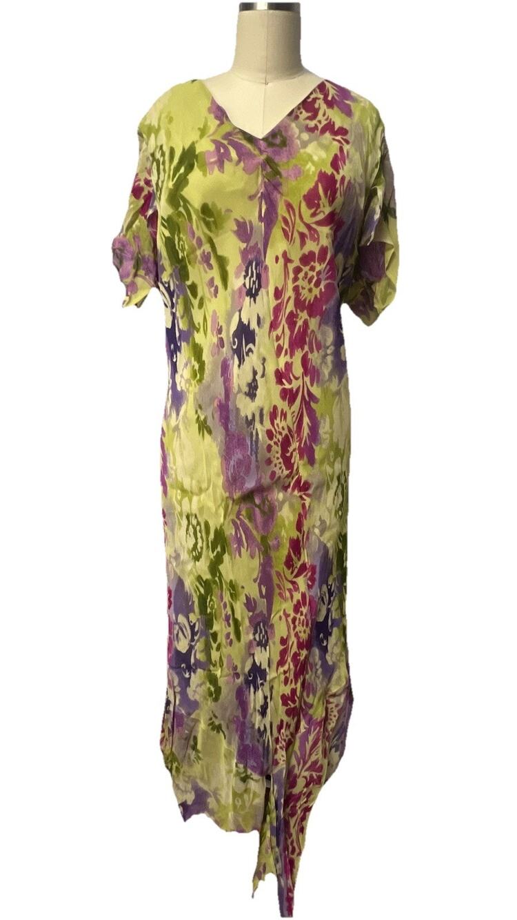 Vtg Lolette Green & purple floral print Chiffon cottagecore Fairycore dress XL